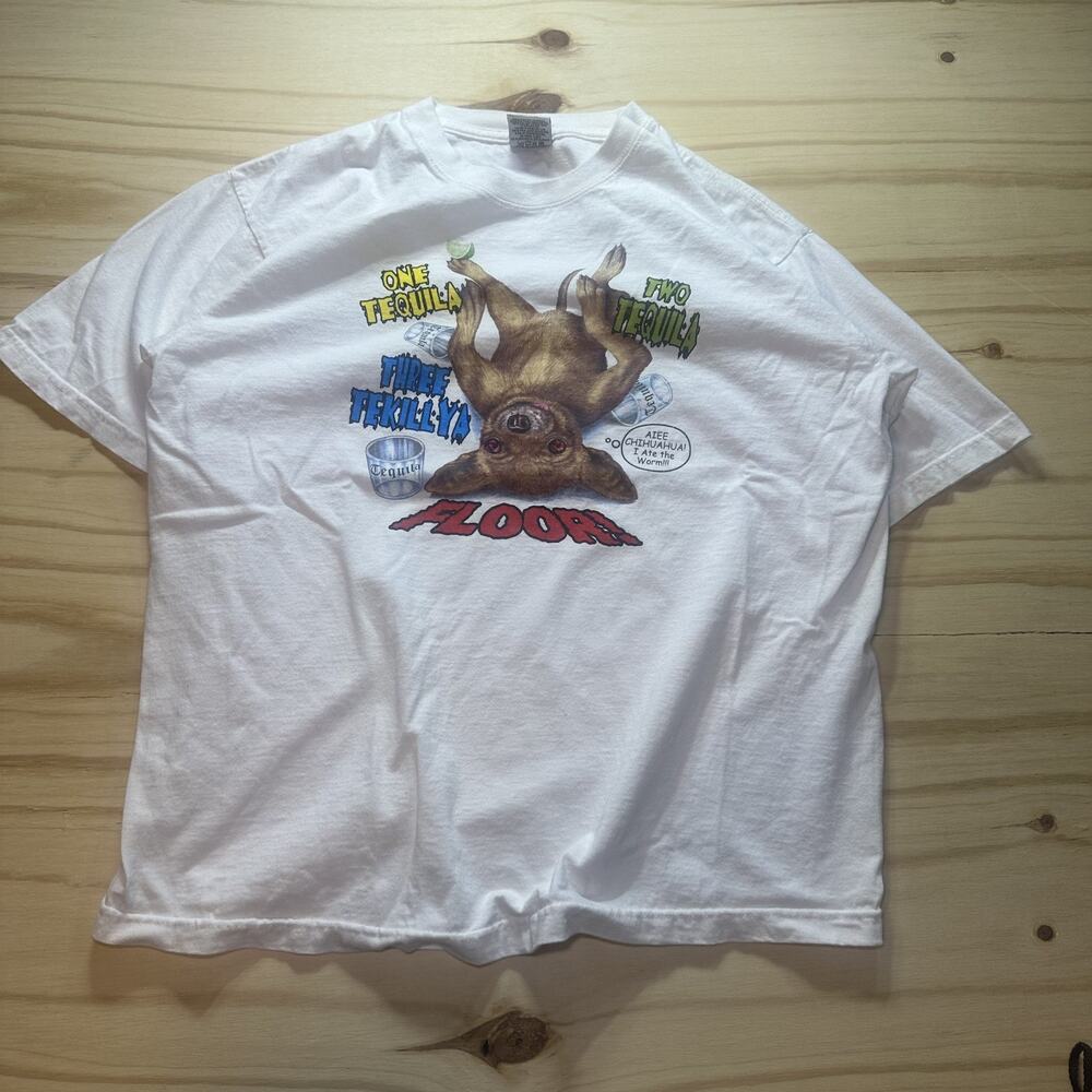 Vintage 90s Chihuahua Dog Tequila Bar White Graphic T-Shirt Mens Size XL Funny